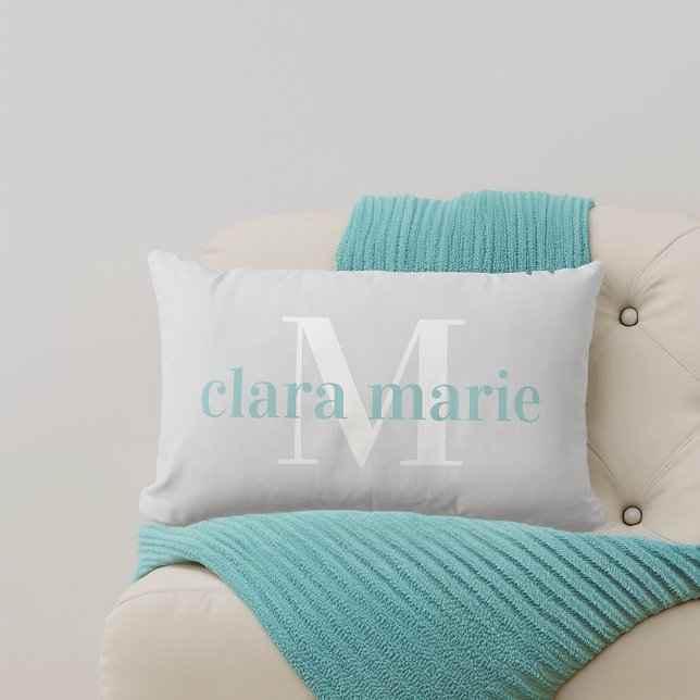 Grått & Aqua | Namn och Monogram Nursery Lumbarkudde (Skapare uppladdad)