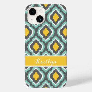 Grått Aqua och Gult Ikat Moroccan Monogram