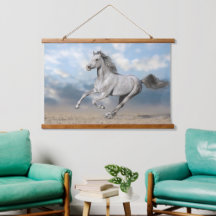 Grått Arabian Horse Gallops through Sandy Ligcape