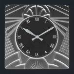 Grått Art Deco Clock - Abstrakt Linjer Fyrkantig Klocka<br><div class="desc">"art deco-klocka", "art nouveau klocka", "mörk charkol grått grått", "1920-talets geometriska symmetriska linjer", "snyggt sofistikerad 1920 stil", "svart och vitt", "retro vintage lyxurious antique", "elegant line mönster design", "glamous glam square klocka", "clam square lönnmördare"</div>