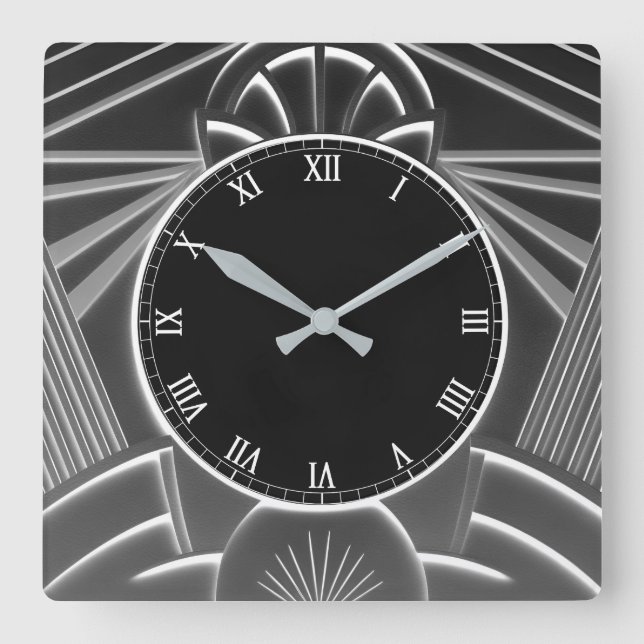 Grått Art Deco Clock - Abstrakt Linjer Fyrkantig Klocka (Framsida)