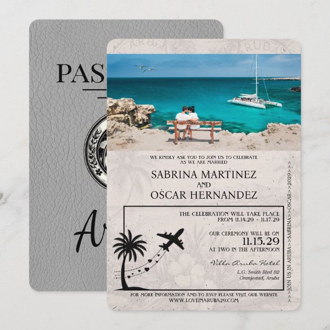 Grått Aruba Passport Wedding bjudande Inbjudningar (Fram/baksida)