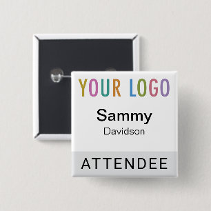 Grått Attendee Namn Badge med Logotyp Pinback Squa Knapp