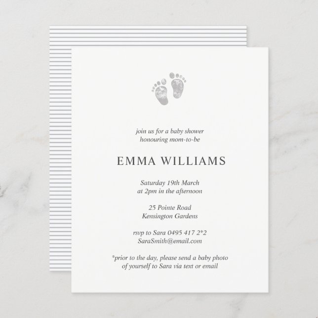 Grått-avtryck för inbjudan till budgetbabyvy (Fram/baksida)