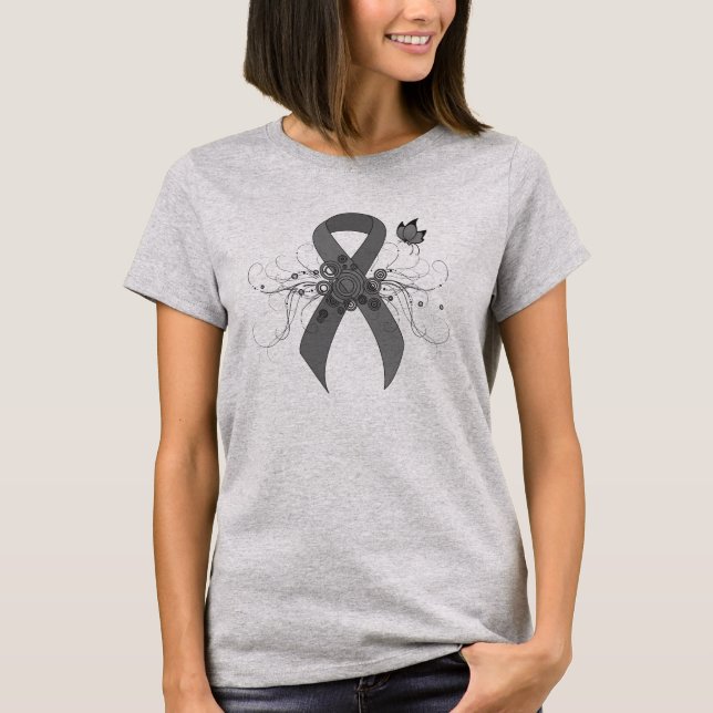 Grått Awareness Ribbon med Butterfly T-shirt (Framsida)