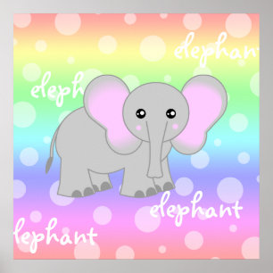 Grått Baby Elephant Cute Rainbow Poster Skriv ut