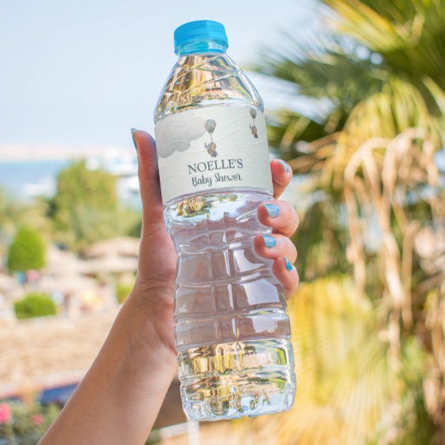 Grått Baby Elephant, Luftballong i moln Vattenflaska Etikett (Skapare uppladdad)