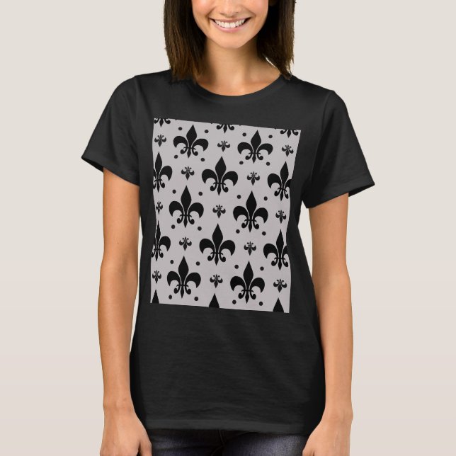 Grått Background Fleur-de-lis Mönster Design T Shirt (Framsida)