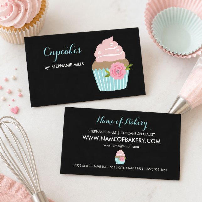 Grått bakerblått kupaka med Rosa blomma Visitkort (Cupcake Bakery Black Aqua Floral Business Card
)