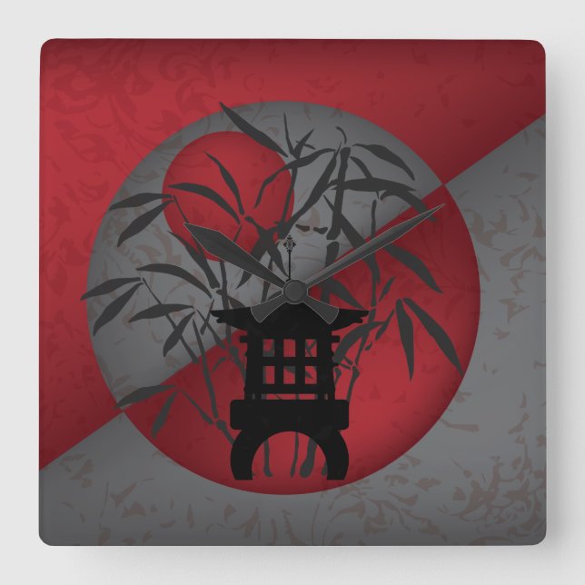 Grått bamboo red måne mini pagoda fyrkantig klocka (Framsida)