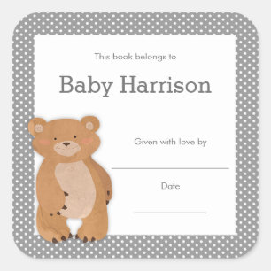 Grått Bear Baby Shower Bookplate, neutralt bok Fyrkantigt Klistermärke