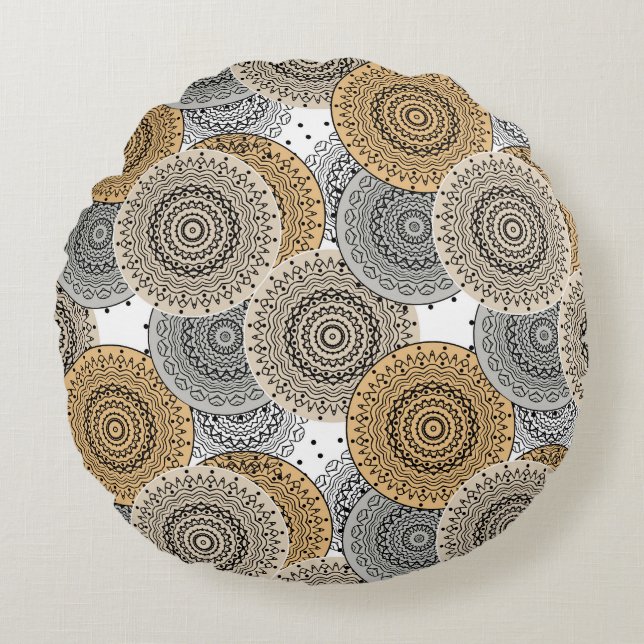 Grått beige mönster arabic mandala stil rund kudde (Framsidan)