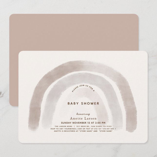 Grått Beige Rainbow Watercolor Baby Shower Inbjudningar (Fram/baksida)