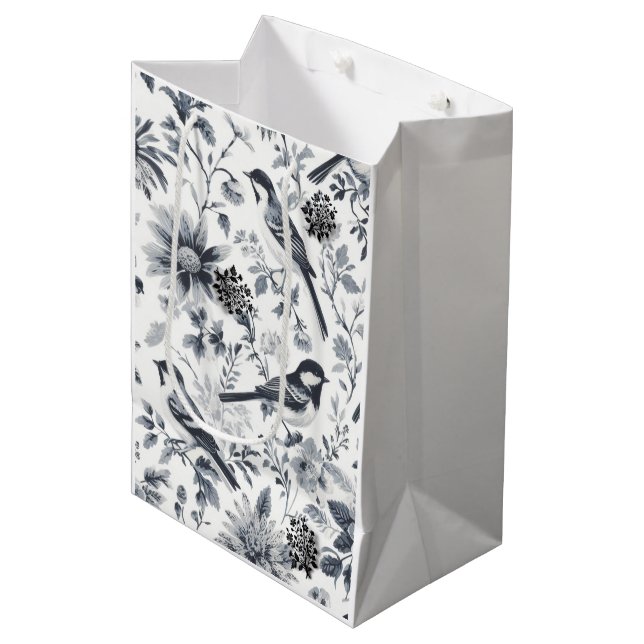 Grått Bird Toile Gift Bag (Framsidan Vinklad)