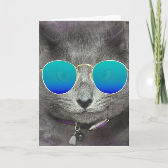Grått Birthday Cat with Sunglass Kort (Framsida)