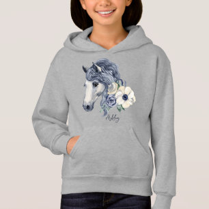 Grått-blå häst med blommor personlig namn t shirt