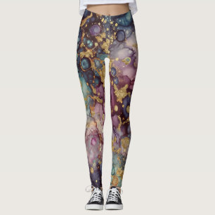 Grått-Blå marmor med metaliskt guld Leggings