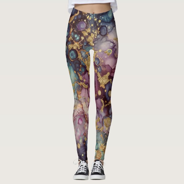 Grått-Blå marmor med metaliskt guld Leggings (Framsida)