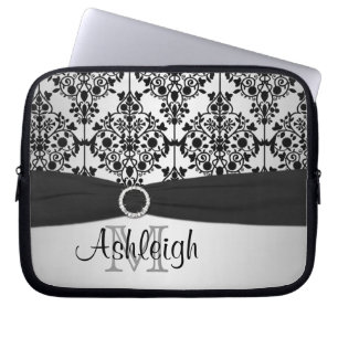 Grått Black Damask med FAUX Ribbon Laptop sleeve