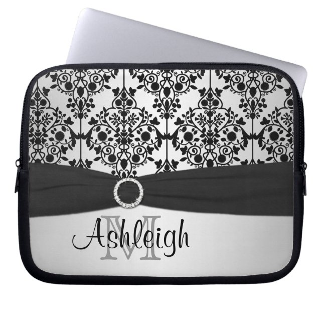 Grått Black Damask med FAUX Ribbon Laptop sleeve (Framsidan)