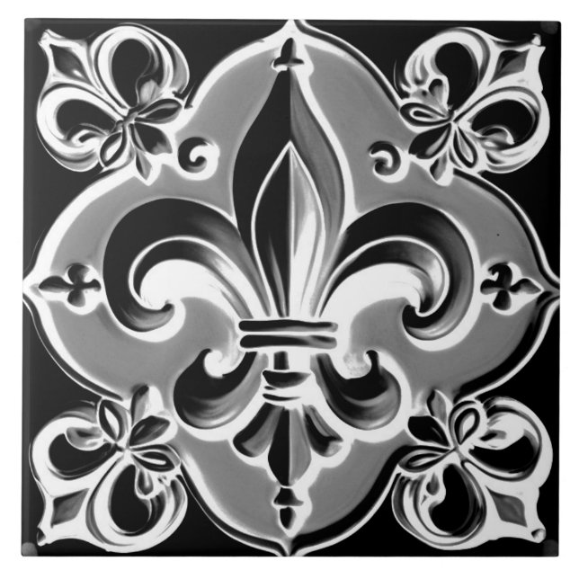 Grått & Black Fleur de Lis Tile - Mörk Grått Ceram Kakelplatta (Framsidan)