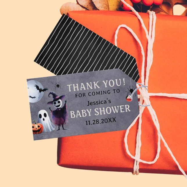 Grått Black Halloween Baby Shower Tack Presentetikett (Gray Black Halloween Baby Shower Thank You Gift Tags)