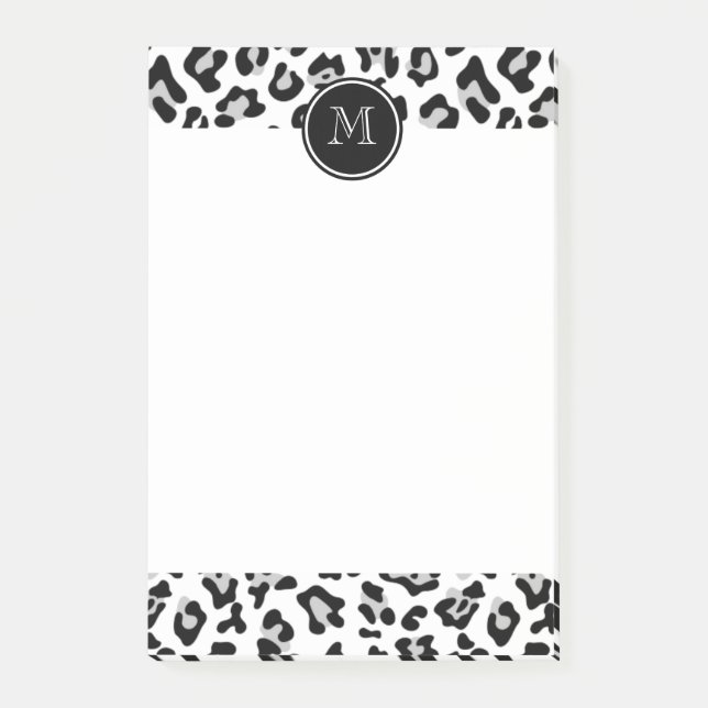 Grått Black Leopard Animal Print med Monogram Post-it Block (Framsida)