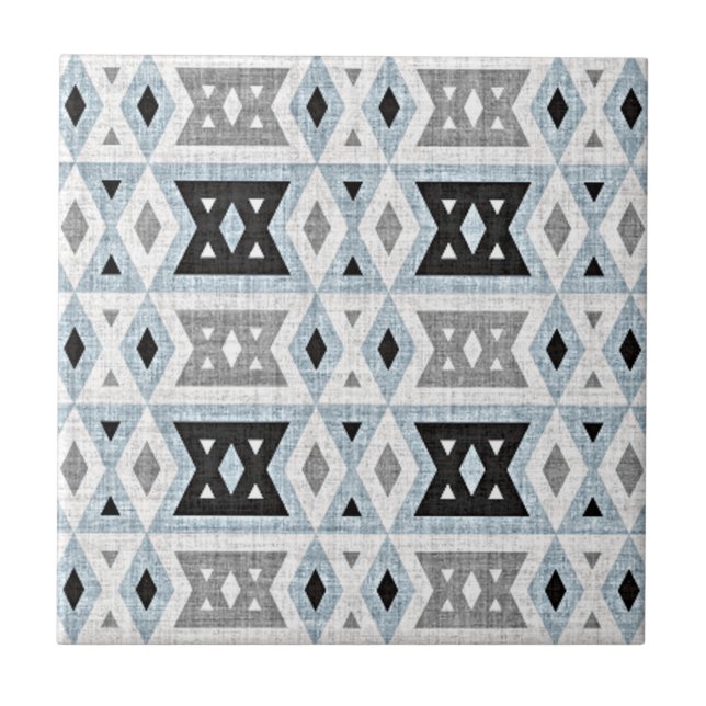 Grått Black Light Blue White Ethnic Tribe Art Kakelplatta (Framsidan)