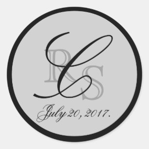 GRÅTT BLACK MONOGRAMMED WEDDING FAVOR RUNT KLISTERMÄRKE