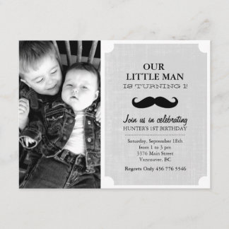 Grått & Black Mustache Photo First Birthday Inbjud Inbjudningar