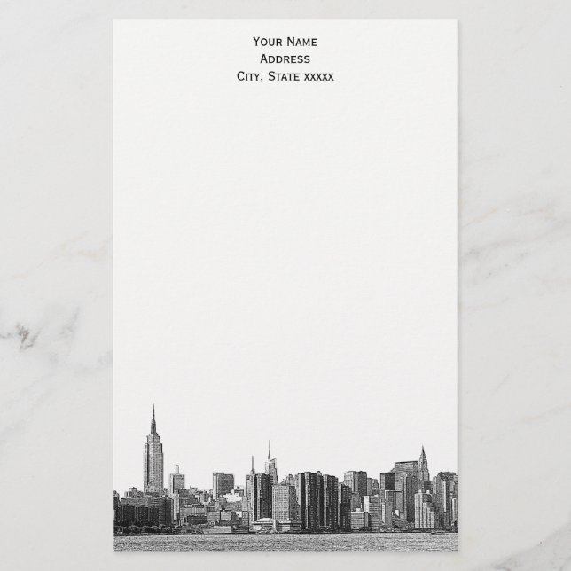 Grått Black NYC Skyline Etch 01 Stationery Brevpapper (Framsida)