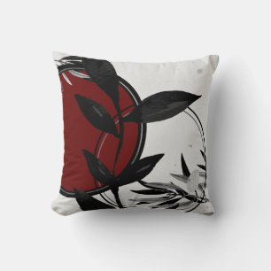 Grått Black och Burgundy Red Zen Watercolor Löv Kudde