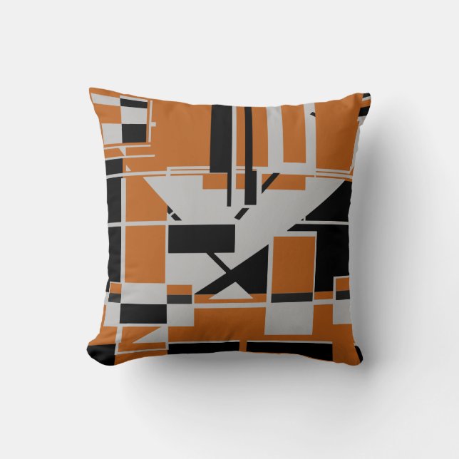 Grått Black på Orange Geometric Abstrakt labyrint Kudde (Framsida)