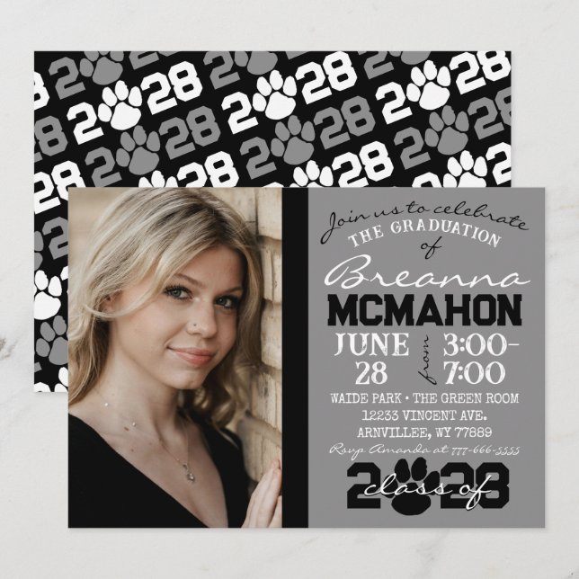 Grått & Black Pawprint Studenten Photo Inbjudningar (Fram/baksida)