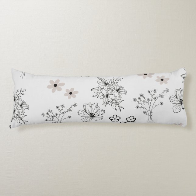 Grått Black Retro Y2K Hippie Flower Mönster Kroppskudde (Framsidan)