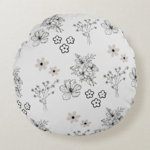 Grått Black Retro Y2K Hippie Flower Mönster Rund Kudde