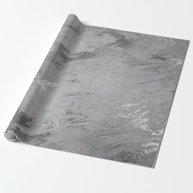 Grått Black Silver Graphite Marble Shiny Glam Presentpapper (Utrullad)