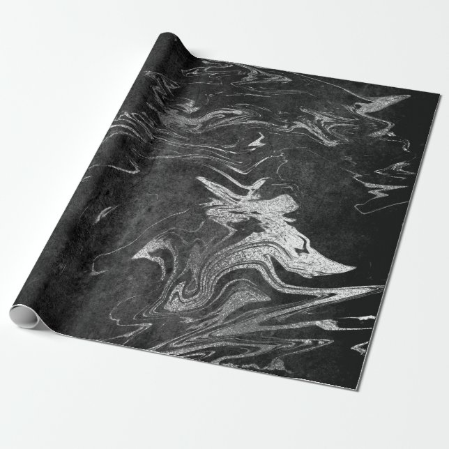 Grått Black Silver Graphite Marble Shiny Glam Presentpapper (Utrullad)