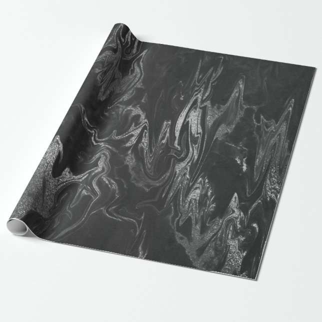 Grått Black Silver Marble Shiny Glam Presentpapper (Utrullad)