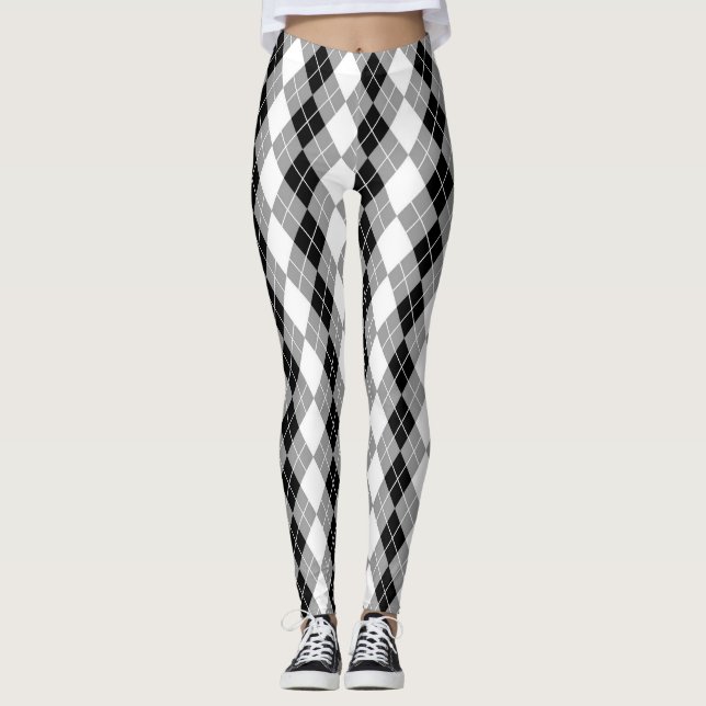 Grått Black White Argyle Diamant Design Leggings (Framsida)