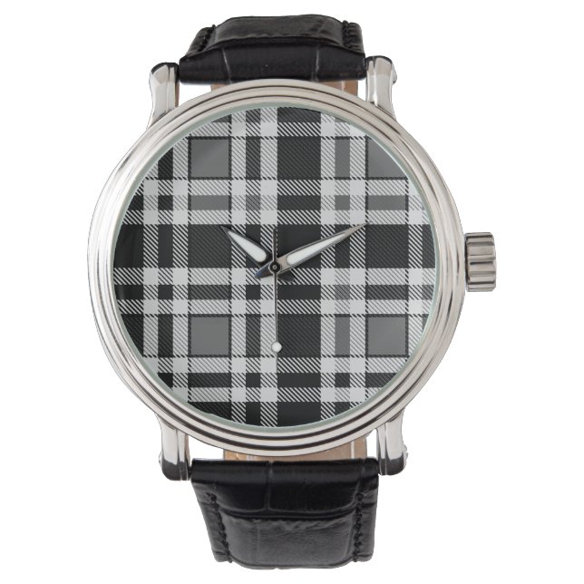 Grått Black White Flanell Play Tartan Design Armbandsur (Framsida)