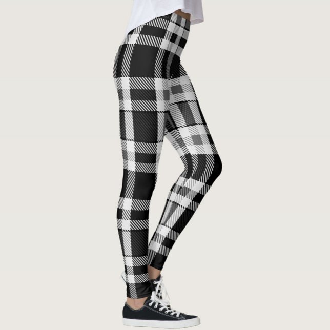 Grått Black White Flanell Play Tartan Design Leggings (Skapare uppladdad)