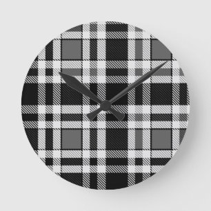 Grått Black White Flanell Play Tartan Design Rund Klocka