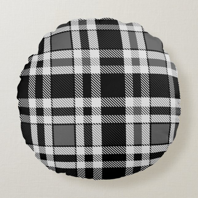 Grått Black White Flanell Play Tartan Design Rund Kudde (Framsidan)