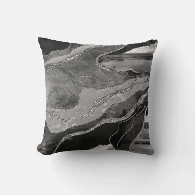 Grått Black White Marble Agate Silver Glitter #1 Kudde (Framsida)