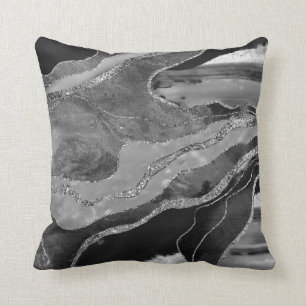 Grått Black White Marble Agate Silver Glitter #1 Kudde
