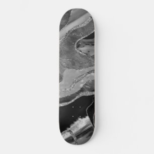 Grått Black White Marble Agate Silver Glitter #1 Mini Skateboard Bräda 18,5 Cm