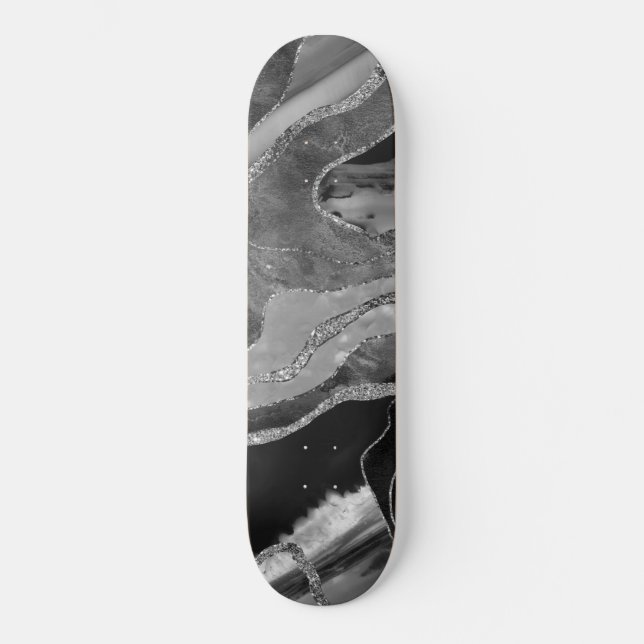 Grått Black White Marble Agate Silver Glitter #1 Mini Skateboard Bräda 18,5 Cm (Framsida)