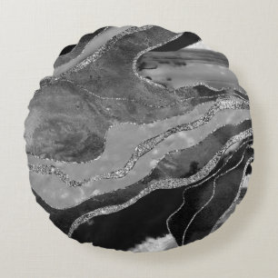 Grått Black White Marble Agate Silver Glitter #1 Rund Kudde