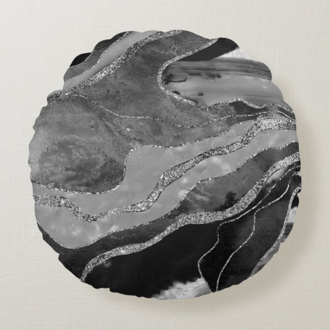 Grått Black White Marble Agate Silver Glitter #1 Rund Kudde (Framsidan)